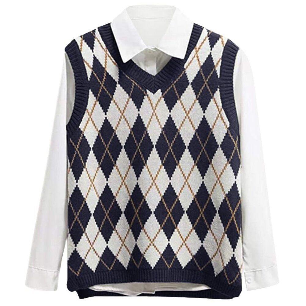 Preppy Grandpa Core Plaid Sweater V Neck Knit Vest Argyle Sleeveless